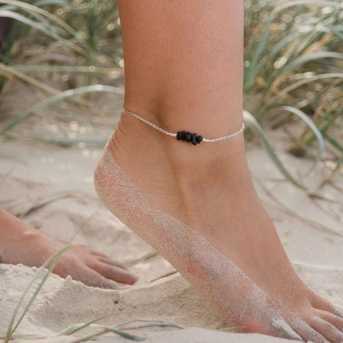 Black Tourmaline Chip Bead Bar Anklet - Black Tourmaline Chip Bead Bar Anklet - Sterling Silver - Luna Tide Handmade Crystal Jewellery