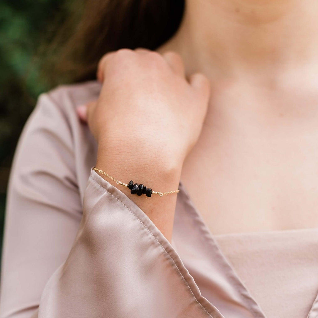 Black Tourmaline Chip Bead Bar Bracelet - Black Tourmaline Chip Bead Bar Bracelet - Sterling Silver - Luna Tide Handmade Crystal Jewellery