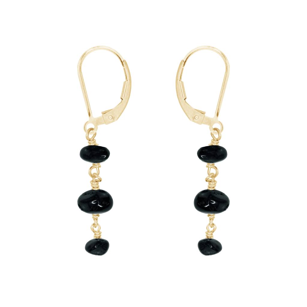 Black Tourmaline Crystal Beaded Chain Dangle Leverback Earrings - Black Tourmaline Crystal Beaded Chain Dangle Leverback Earrings - 14k Gold Fill - Luna Tide Handmade Crystal Jewellery