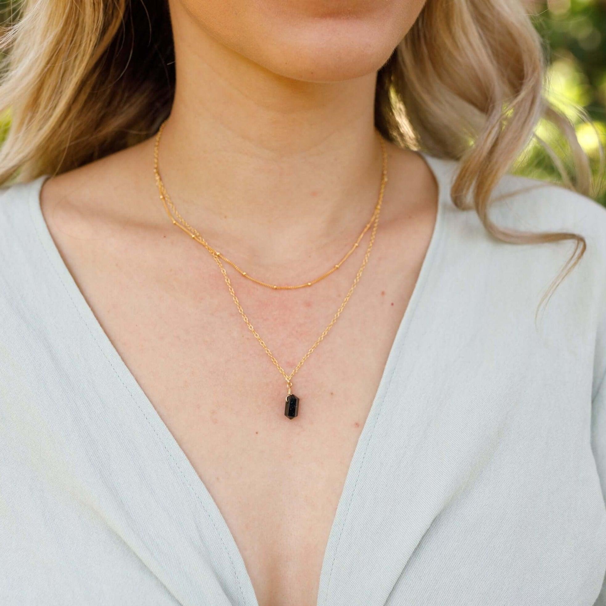 Black Tourmaline Double Terminated Crystal Chain Layered Choker Necklace - Black Tourmaline Double Terminated Crystal Chain Layered Choker Necklace - Sterling Silver - Luna Tide Handmade Crystal Jewellery