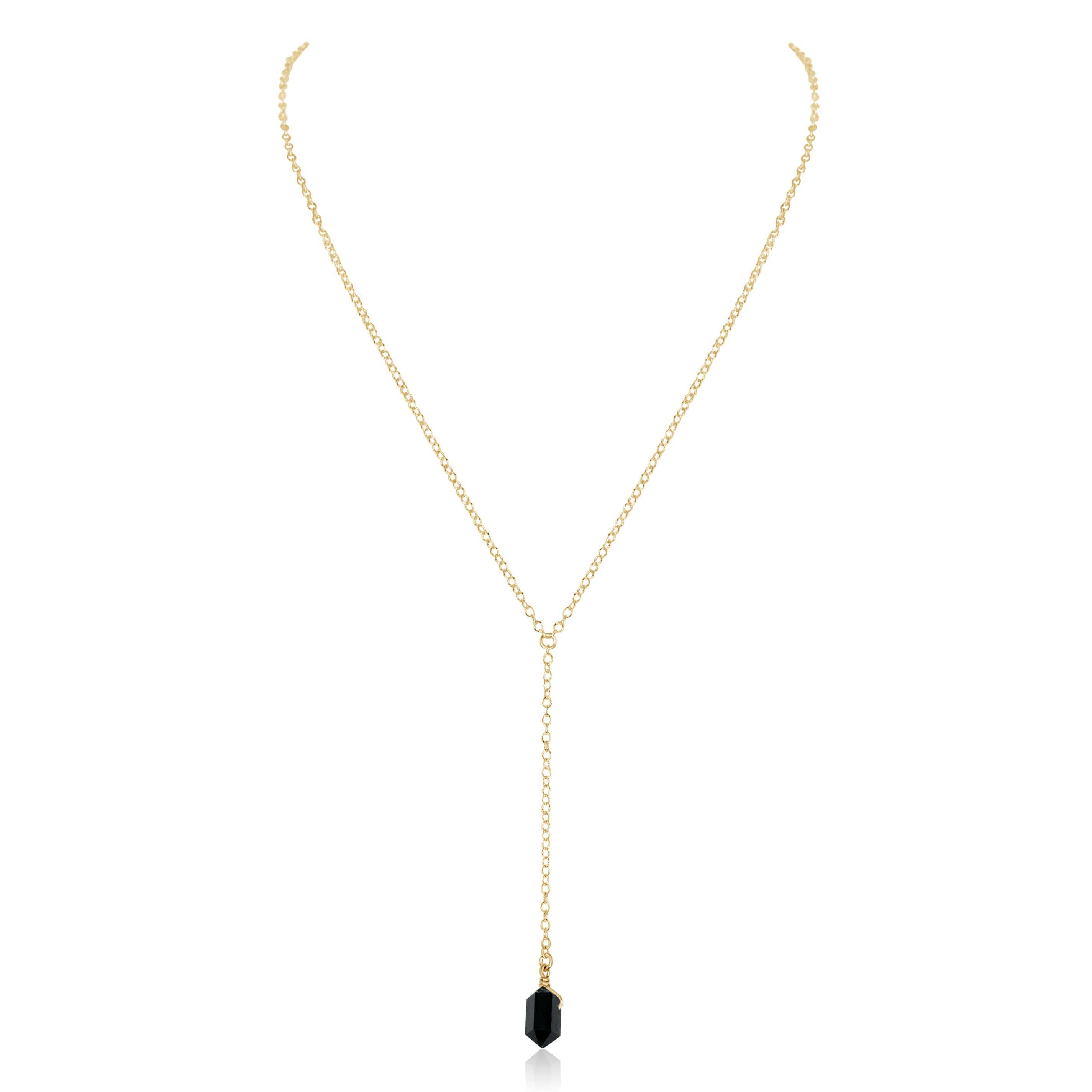 Black Tourmaline Double Terminated Mini Crystal Point Lariat Necklace - Black Tourmaline Double Terminated Mini Crystal Point Lariat Necklace - 14k Gold Fill - Luna Tide Handmade Crystal Jewellery