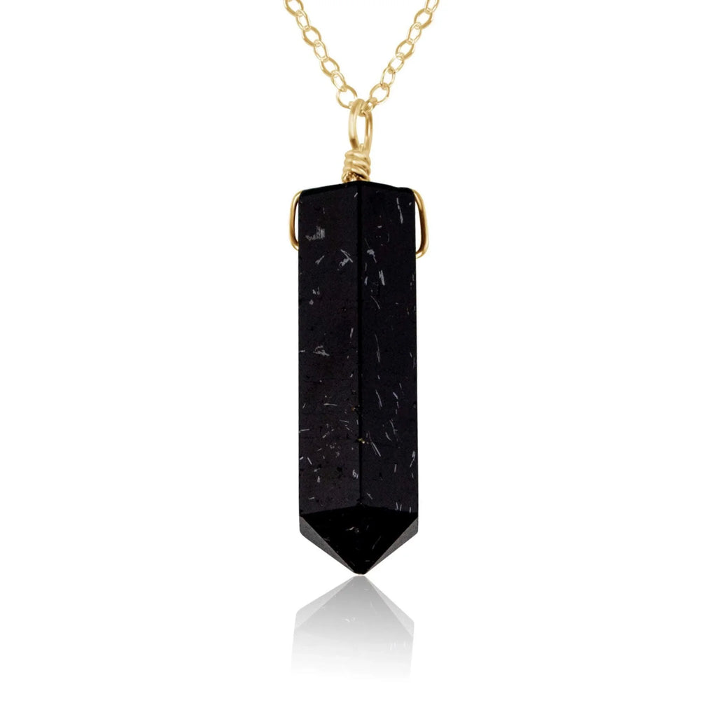 Black Tourmaline Gemstone Generator Tower Point Pendant Necklace - Black Tourmaline Gemstone Generator Tower Point Pendant Necklace - 14k Gold Fill / Cable - Luna Tide Handmade Crystal Jewellery