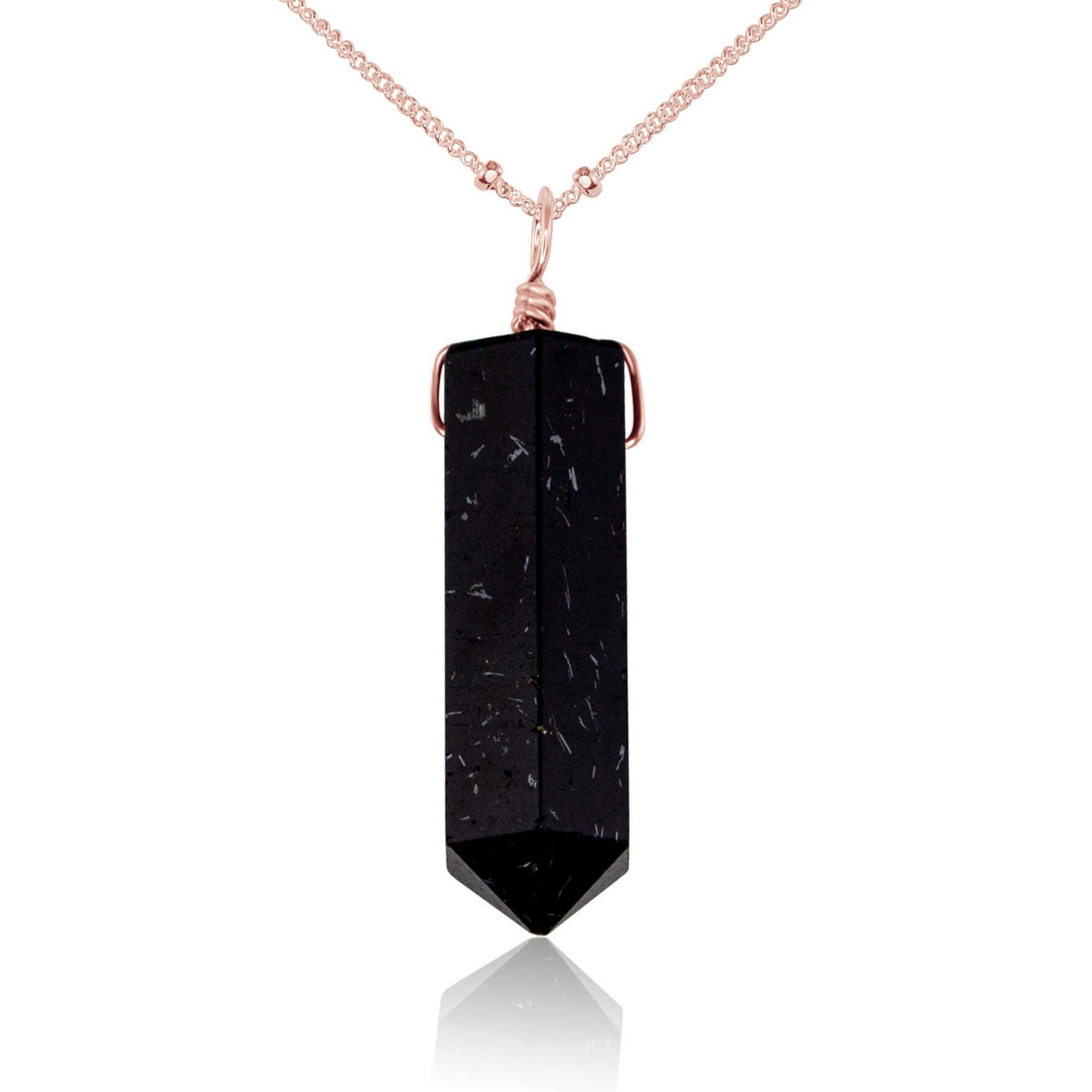 Black Tourmaline Gemstone Generator Tower Point Pendant Necklace - Black Tourmaline Gemstone Generator Tower Point Pendant Necklace - 14k Rose Gold Fill / Satellite - Luna Tide Handmade Crystal Jewellery