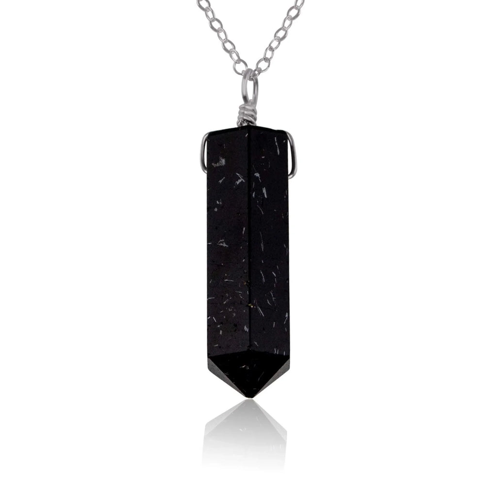 Black Tourmaline Gemstone Generator Tower Point Pendant Necklace - Black Tourmaline Gemstone Generator Tower Point Pendant Necklace - Stainless Steel / Cable - Luna Tide Handmade Crystal Jewellery