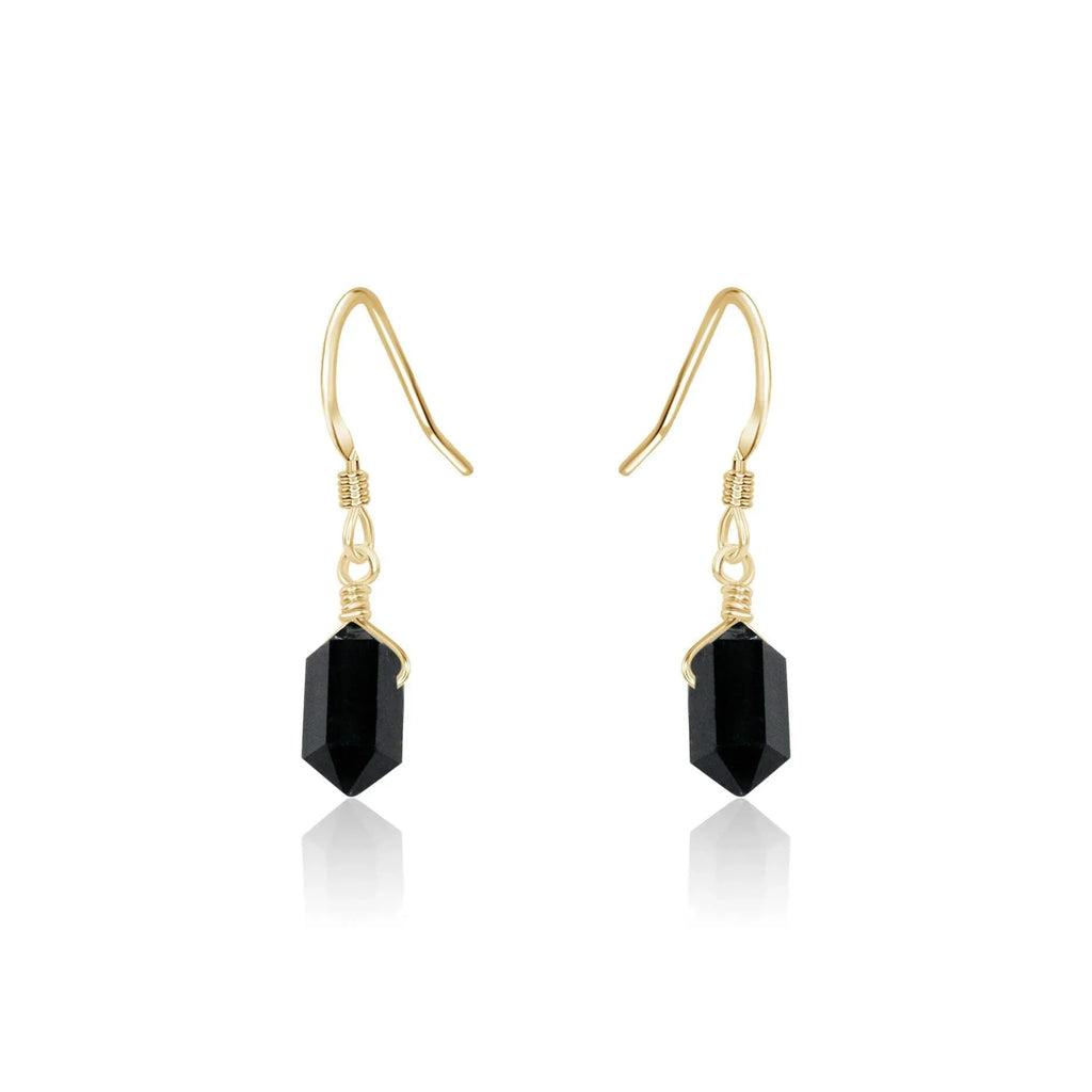 Black Tourmaline Mini Double Terminated Crystal Point Dangle Drop Earrings - Black Tourmaline Mini Double Terminated Crystal Point Dangle Drop Earrings - 14k Gold Fill - Luna Tide Handmade Crystal Jewellery