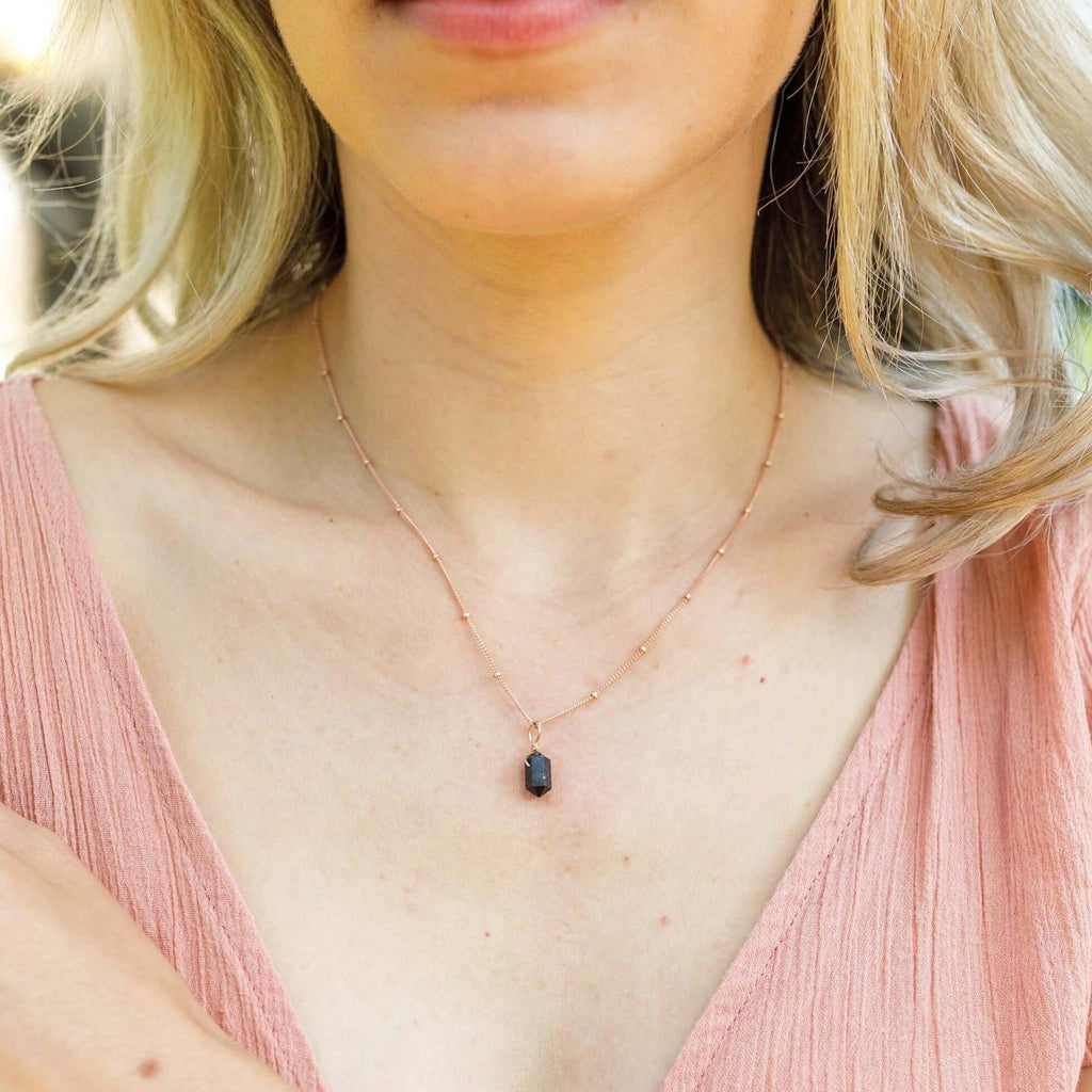 Black Tourmaline Mini Double Terminated Crystal Point Pendant Necklace - Black Tourmaline Mini Double Terminated Crystal Point Pendant Necklace - Sterling Silver / Cable - Luna Tide Handmade Crystal Jewellery