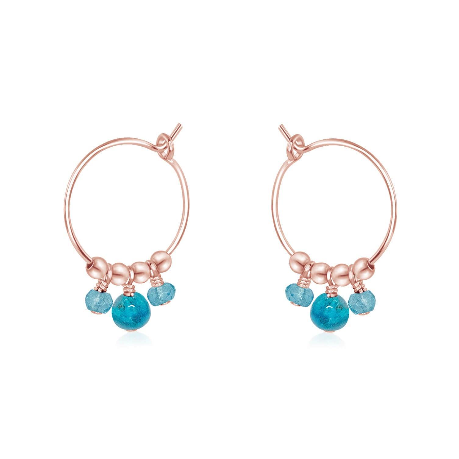 Blue Apatite Gemstone Bead Drop Hoop Earrings - Blue Apatite Gemstone Bead Drop Hoop Earrings - 14k Rose Gold Fill - Luna Tide Handmade Crystal Jewellery