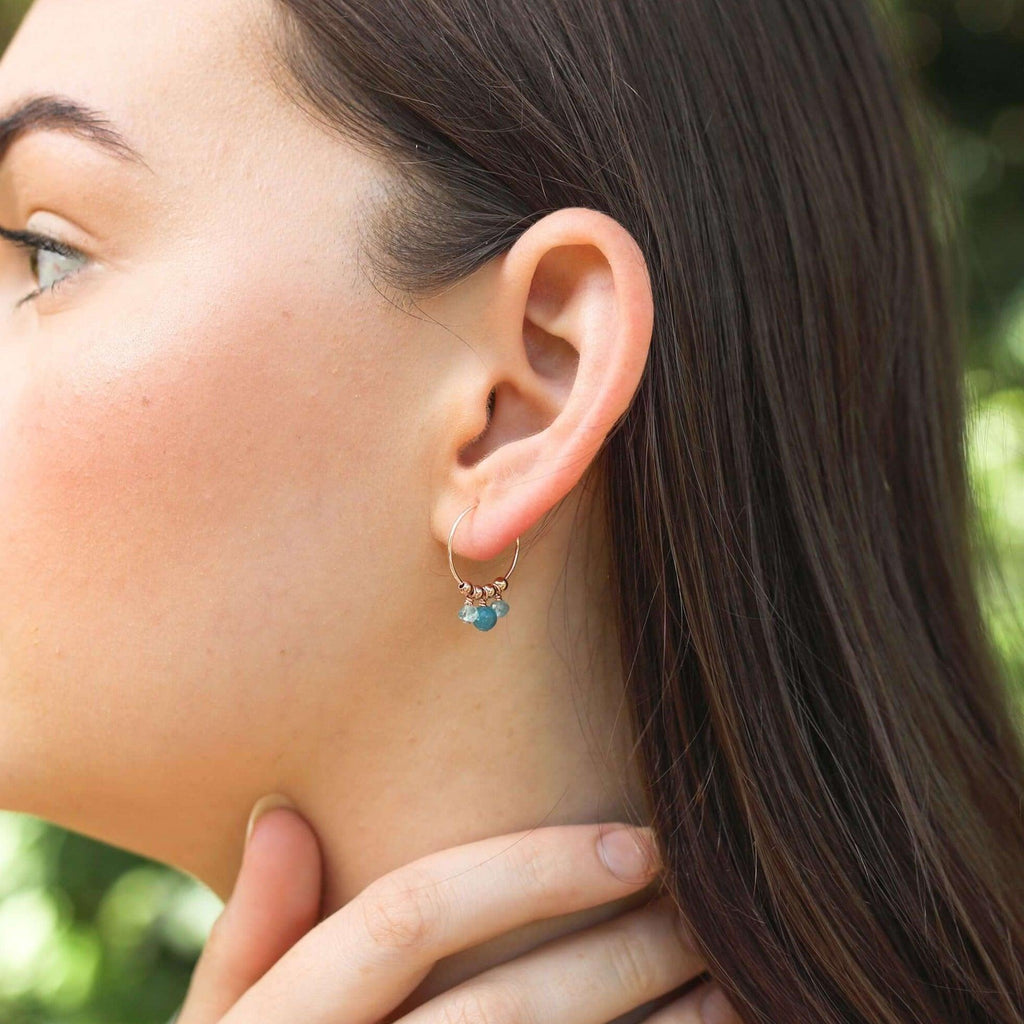 Blue Apatite Gemstone Bead Drop Hoop Earrings - Blue Apatite Gemstone Bead Drop Hoop Earrings - Sterling Silver - Luna Tide Handmade Crystal Jewellery