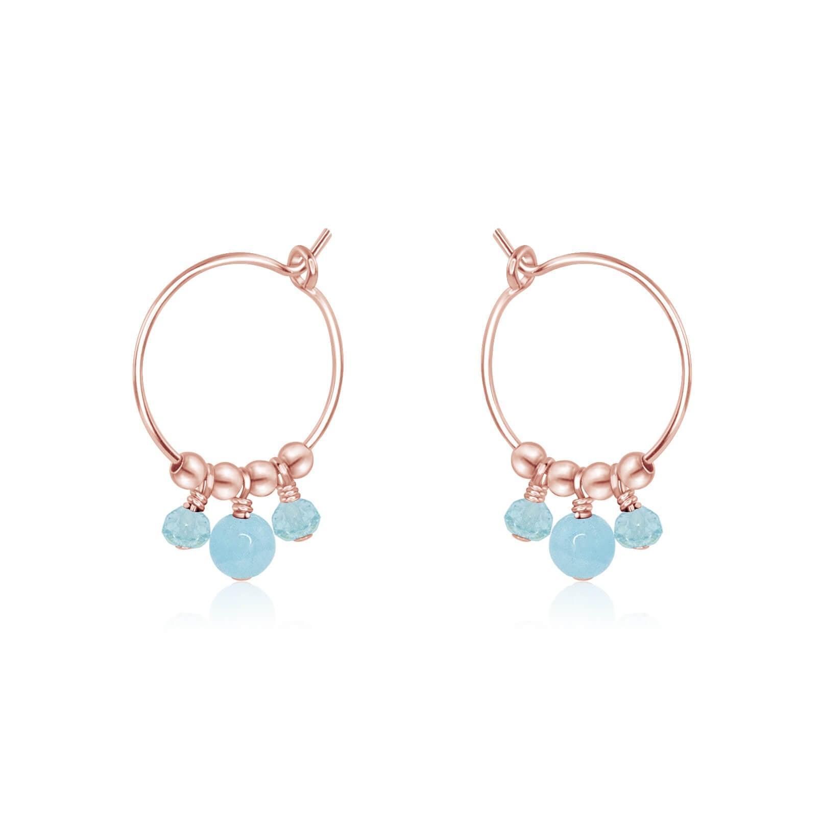 Blue Aquamarine Gemstone Bead Drop Hoop Earrings - Blue Aquamarine Gemstone Bead Drop Hoop Earrings - 14k Rose Gold Fill - Luna Tide Handmade Crystal Jewellery