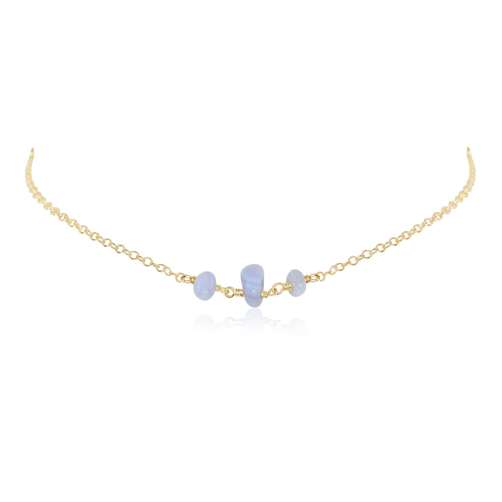 Blue Lace Agate Beaded Chain Choker Necklace - Blue Lace Agate Beaded Chain Choker Necklace - 14k Gold Fill - Luna Tide Handmade Crystal Jewellery