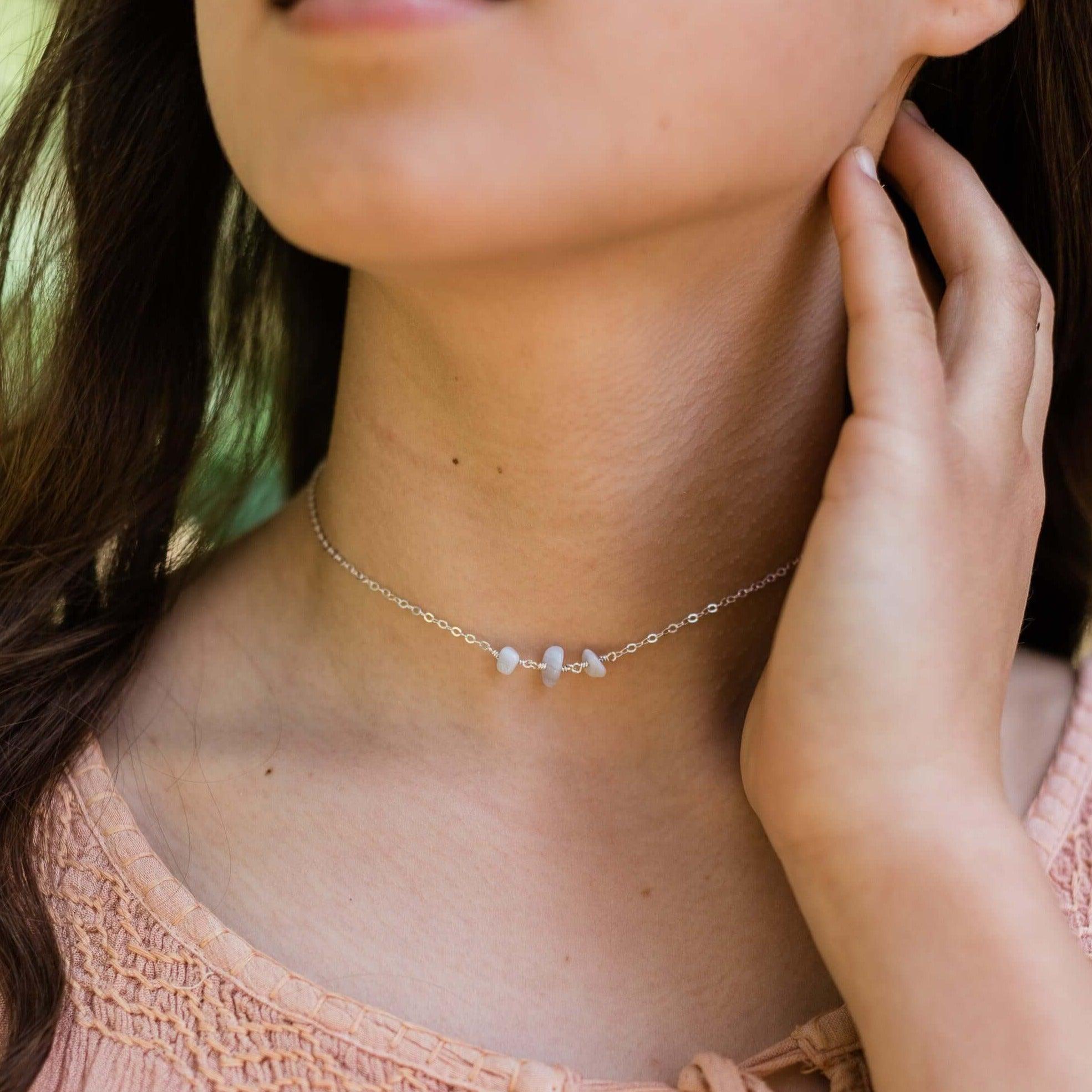 Blue Lace Agate Beaded Chain Choker Necklace - Blue Lace Agate Beaded Chain Choker Necklace - 14k Gold Fill - Luna Tide Handmade Crystal Jewellery