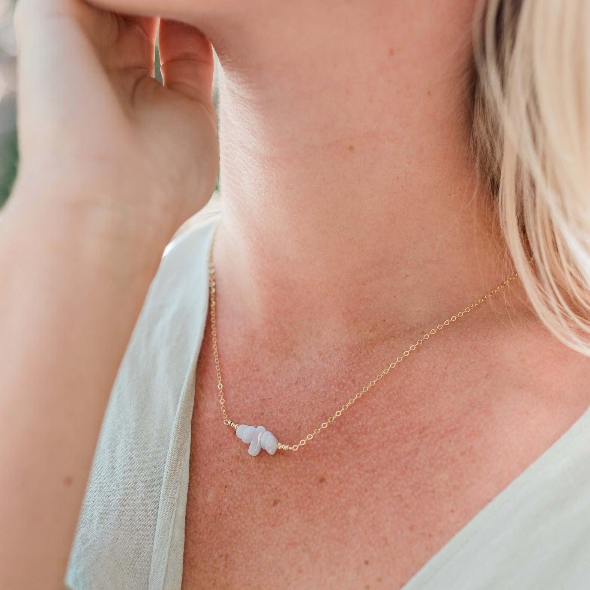 Blue Lace Agate Chip Bead Bar Necklace - Blue Lace Agate Chip Bead Bar Necklace - Sterling Silver - Luna Tide Handmade Crystal Jewellery