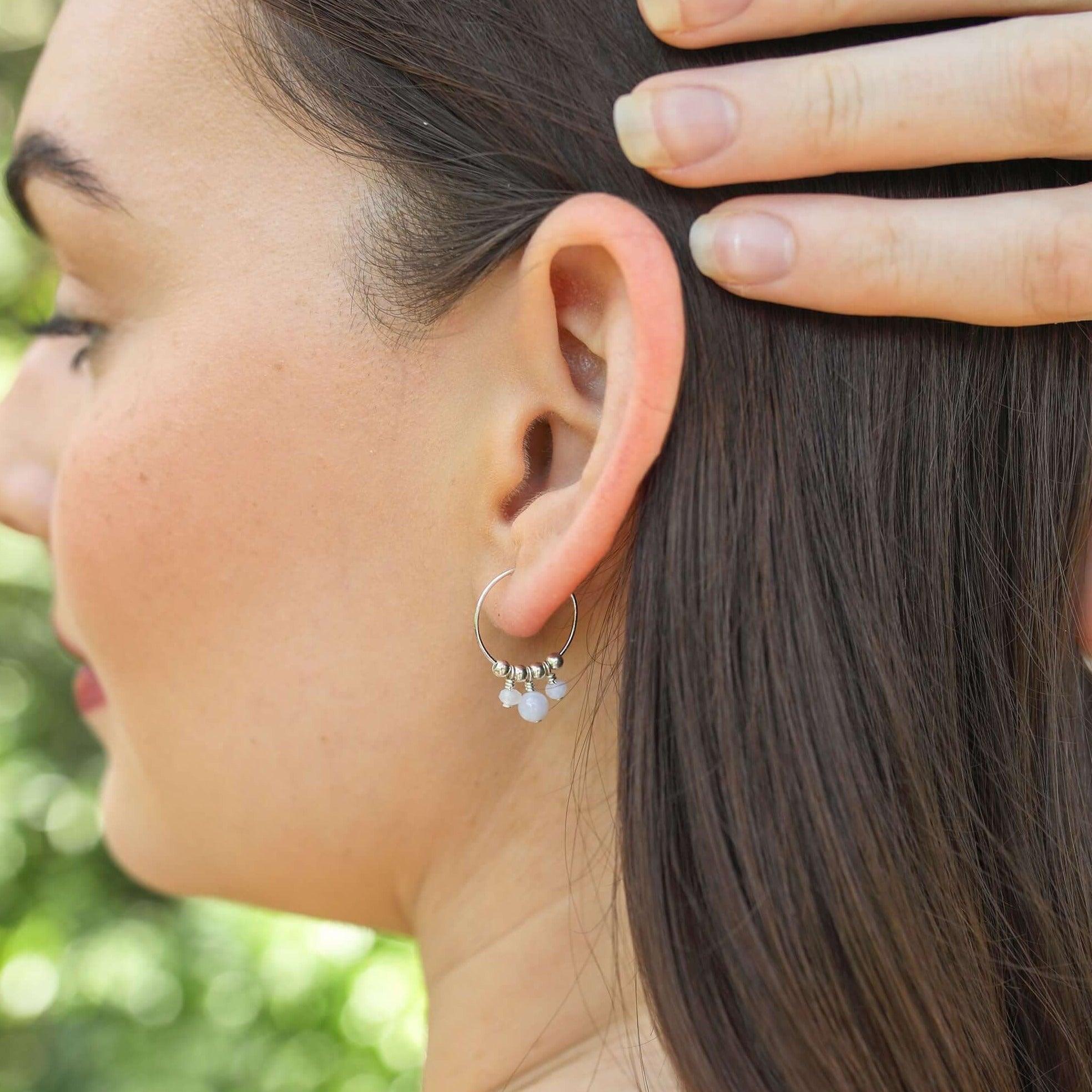 Blue Lace Agate Gemstone Bead Drop Hoop Earrings - Blue Lace Agate Gemstone Bead Drop Hoop Earrings - Sterling Silver - Luna Tide Handmade Crystal Jewellery