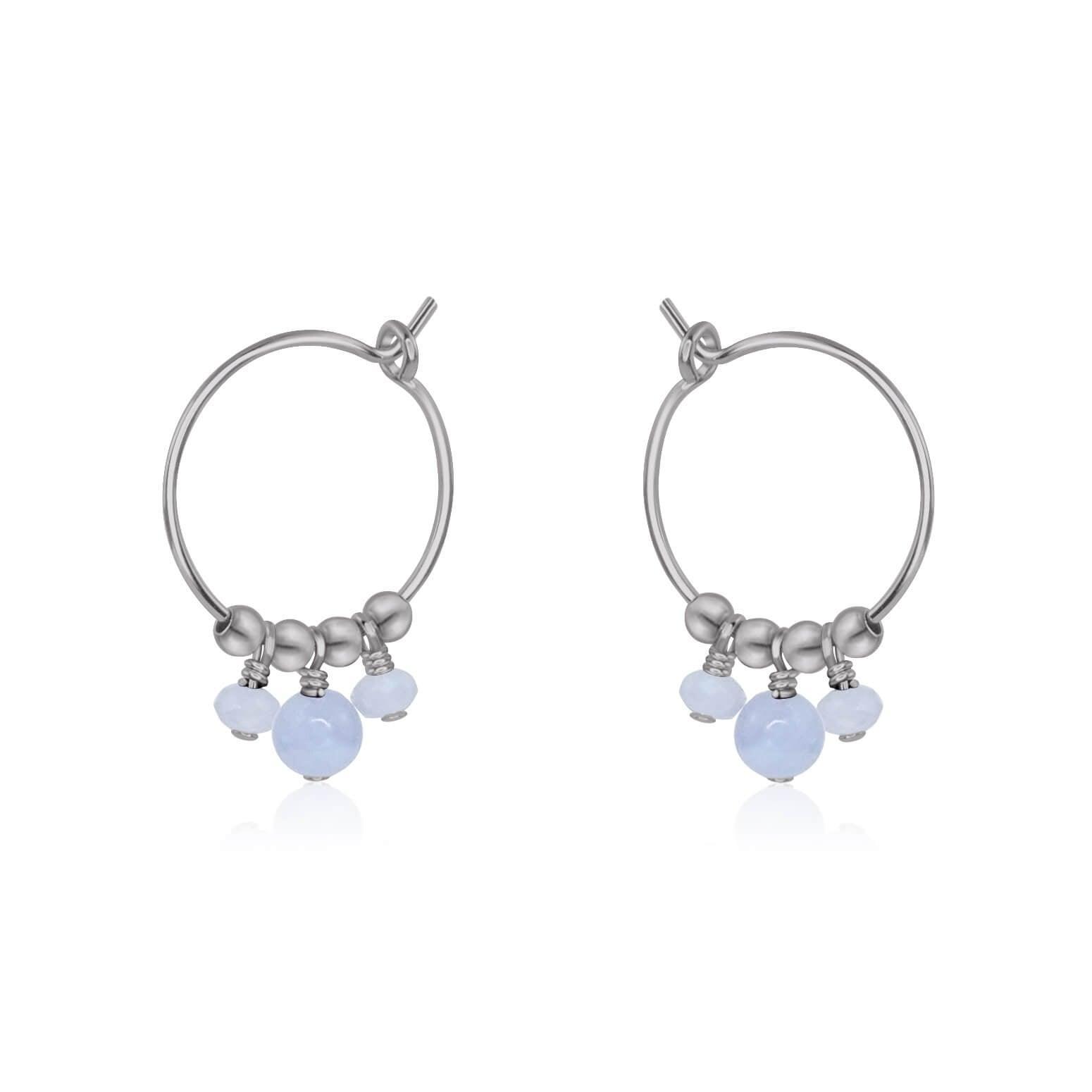 Blue Lace Agate Gemstone Bead Drop Hoop Earrings - Blue Lace Agate Gemstone Bead Drop Hoop Earrings - Sterling Silver - Luna Tide Handmade Crystal Jewellery
