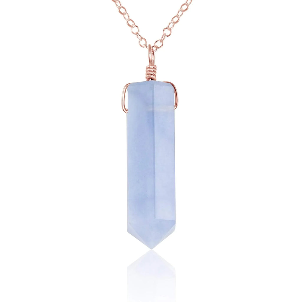 Blue Lace Agate Gemstone Generator Tower Point Pendant Necklace - Blue Lace Agate Gemstone Generator Tower Point Pendant Necklace - 14k Rose Gold Fill / Cable - Luna Tide Handmade Crystal Jewellery