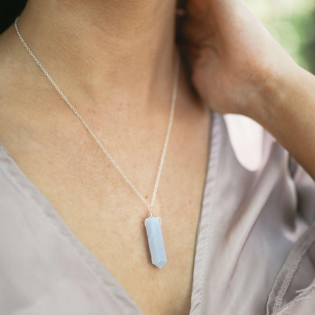Blue Lace Agate Gemstone Generator Tower Point Pendant Necklace - Blue Lace Agate Gemstone Generator Tower Point Pendant Necklace - Sterling Silver / Satellite - Luna Tide Handmade Crystal Jewellery