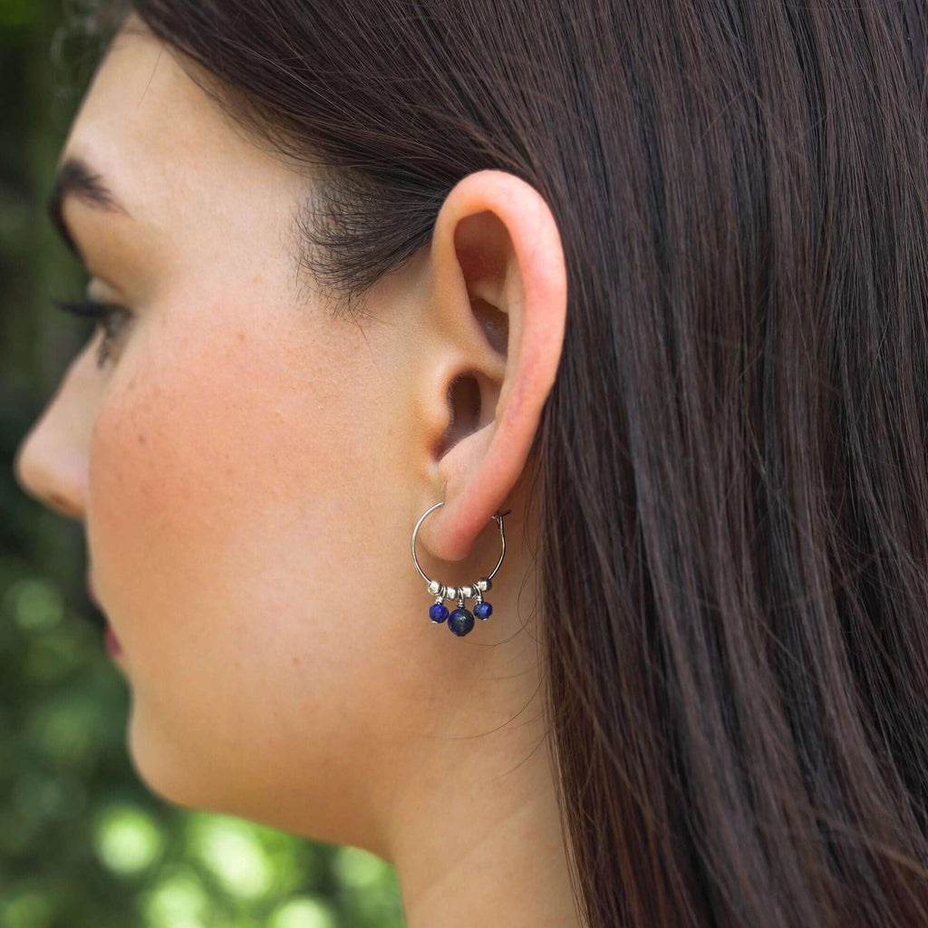 Blue Lapis Lazuli Gemstone Bead Drop Hoop Earrings - Blue Lapis Lazuli Gemstone Bead Drop Hoop Earrings - Sterling Silver - Luna Tide Handmade Crystal Jewellery
