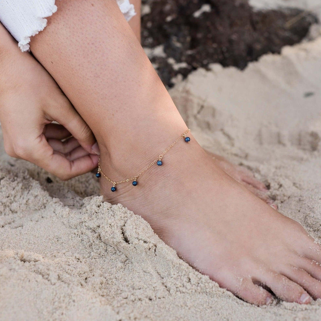 Boho Blue Sapphire Gemstone Bead Drop Anklet - Boho Blue Sapphire Gemstone Bead Drop Anklet - Sterling Silver - Luna Tide Handmade Crystal Jewellery