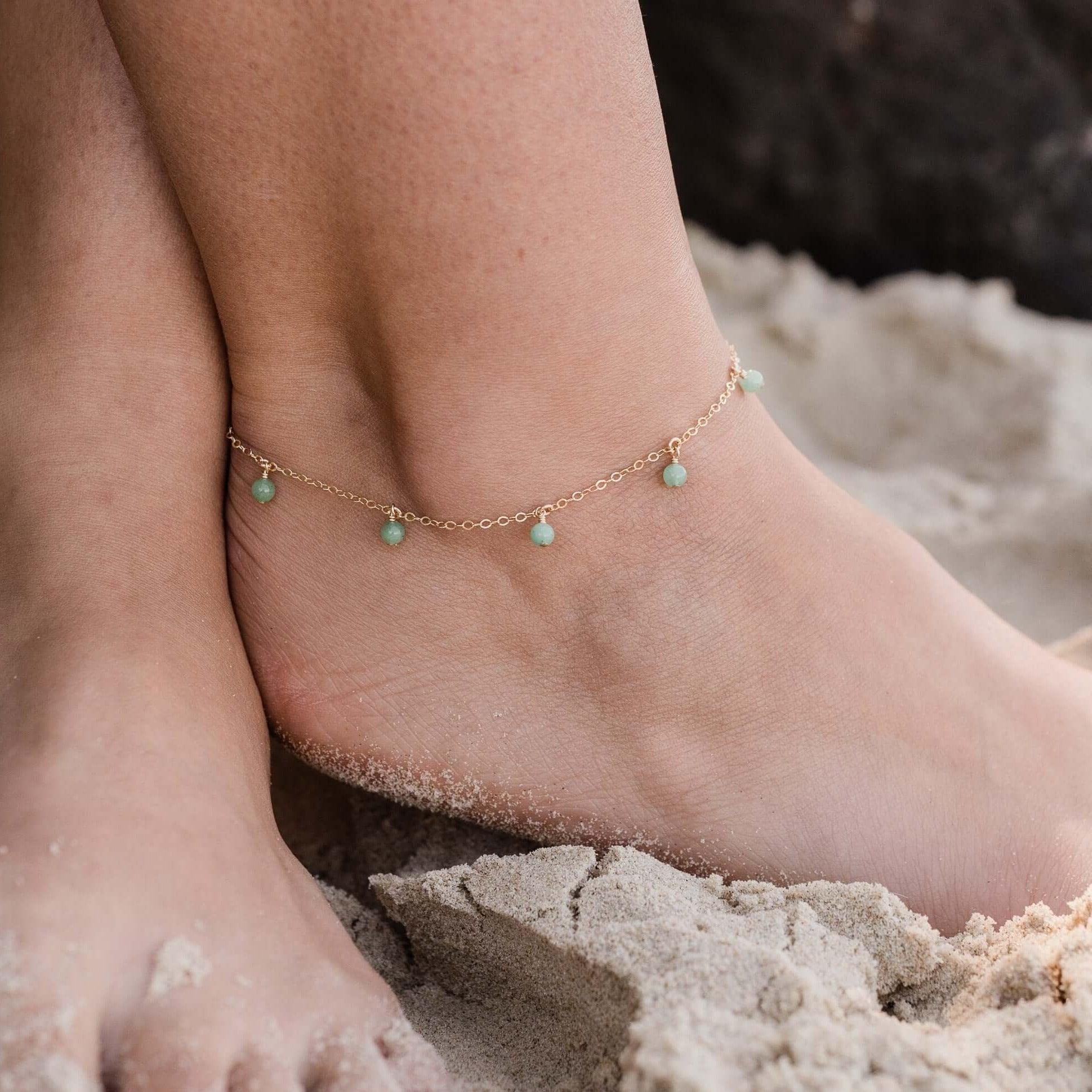 Boho Green Aventurine Gemstone Bead Drop Anklet - Boho Green Aventurine Gemstone Bead Drop Anklet - 14k Gold Fill - Luna Tide Handmade Crystal Jewellery