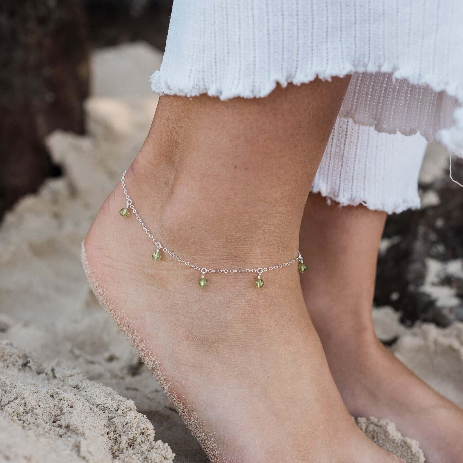 Boho Green Peridot Gemstone Bead Drop Anklet - Boho Green Peridot Gemstone Bead Drop Anklet - Sterling Silver - Luna Tide Handmade Crystal Jewellery