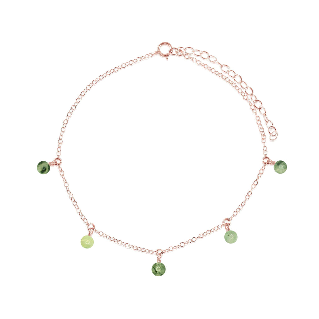 Boho Green Prehnite Gemstone Bead Drop Anklet - Boho Green Prehnite Gemstone Bead Drop Anklet - 14k Rose Gold Fill - Luna Tide Handmade Crystal Jewellery
