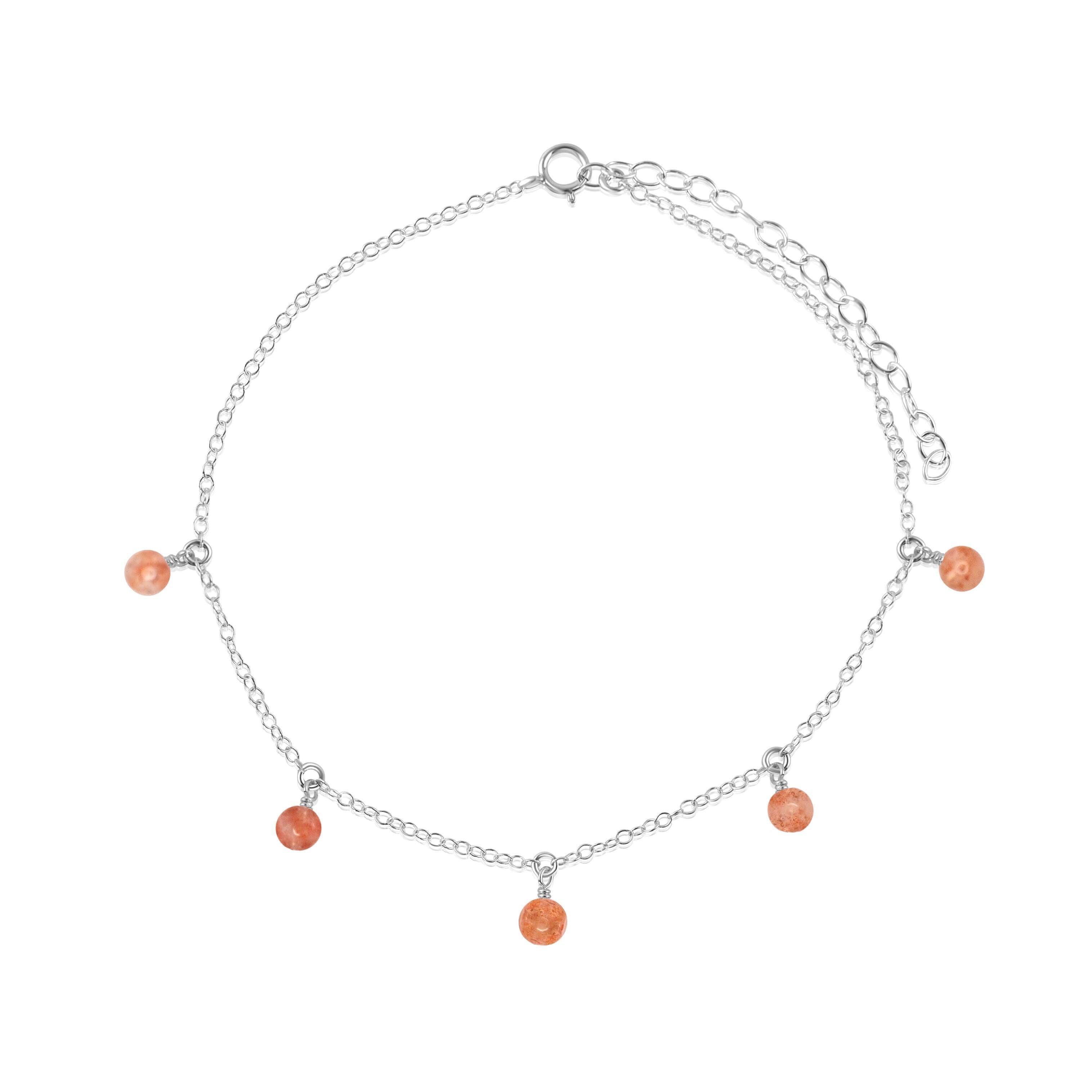 Boho Orange Sunstone Gemstone Bead Drop Anklet - Boho Orange Sunstone Gemstone Bead Drop Anklet - Sterling Silver - Luna Tide Handmade Crystal Jewellery