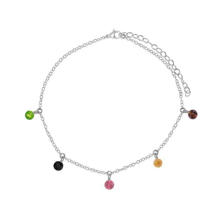 Boho Rainbow Tourmaline Gemstone Bead Drop Anklet - Boho Rainbow Tourmaline Gemstone Bead Drop Anklet - Stainless Steel - Luna Tide Handmade Crystal Jewellery