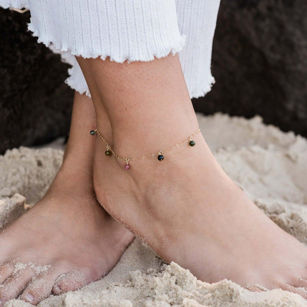 Boho Rainbow Tourmaline Gemstone Bead Drop Anklet - Boho Rainbow Tourmaline Gemstone Bead Drop Anklet - Sterling Silver - Luna Tide Handmade Crystal Jewellery