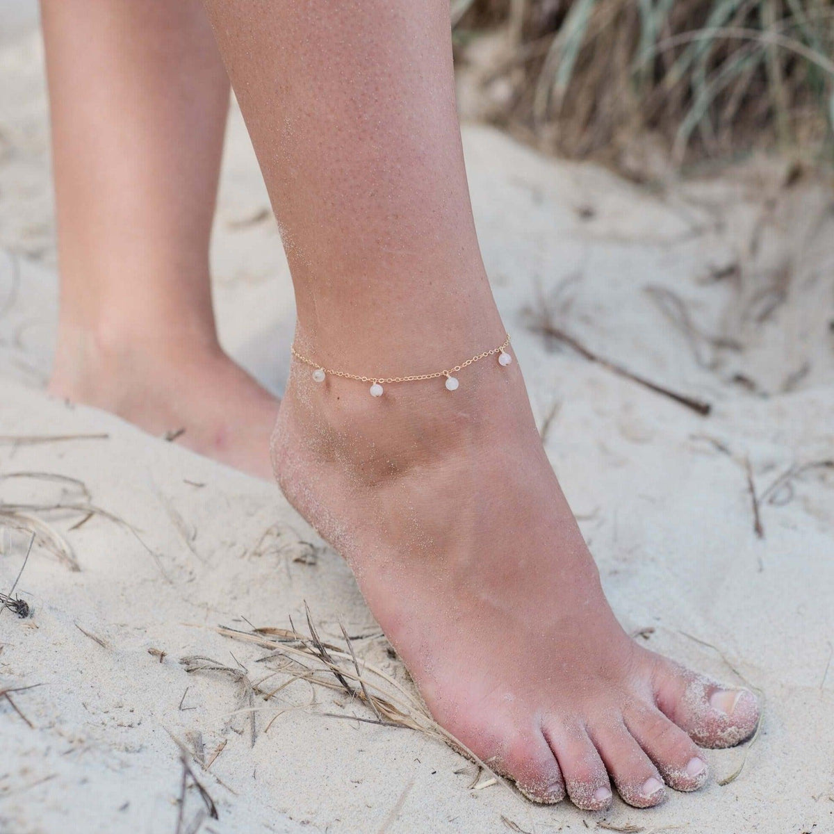 Bead Drop Anklet - Rose Quartz - 14K Gold Fill - Luna Tide Handmade Jewellery