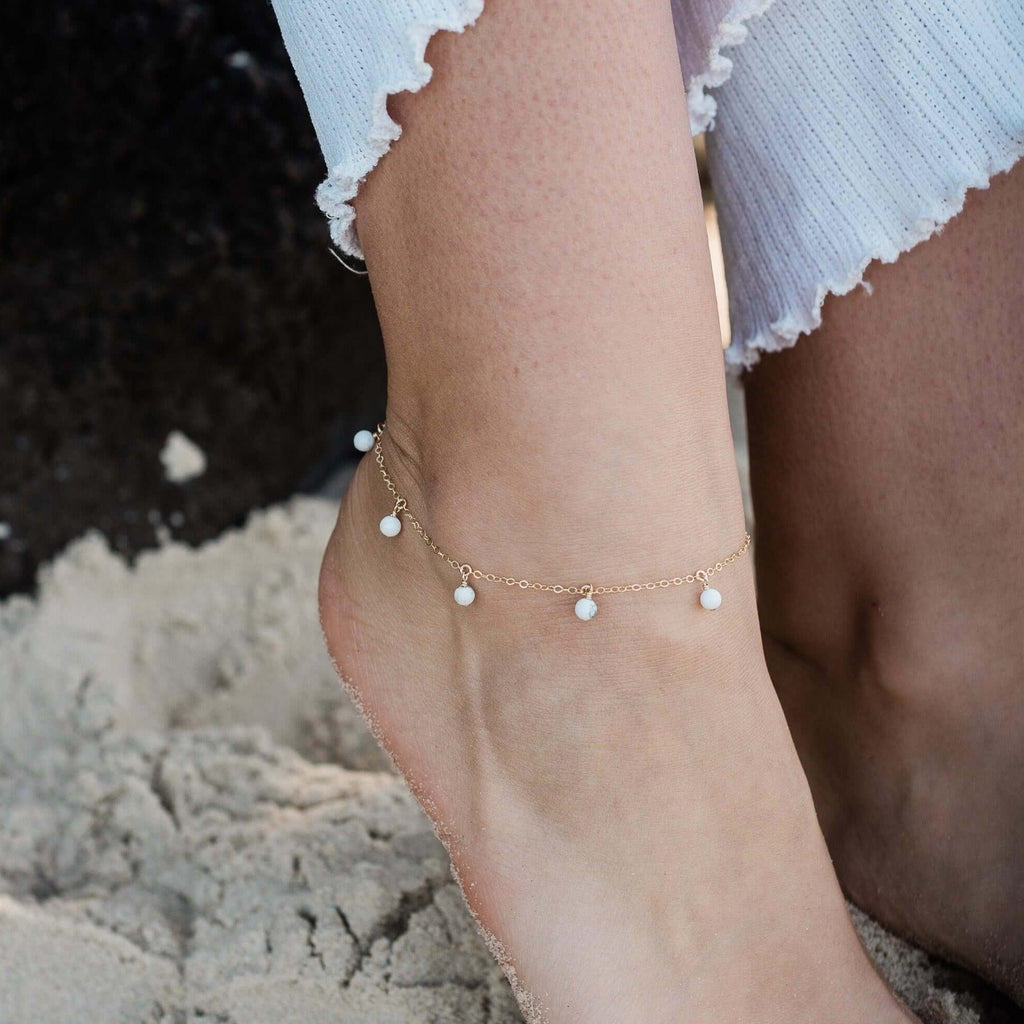 Boho White Howlite Gemstone Bead Drop Anklet - Boho White Howlite Gemstone Bead Drop Anklet - 14k Gold Fill - Luna Tide Handmade Crystal Jewellery