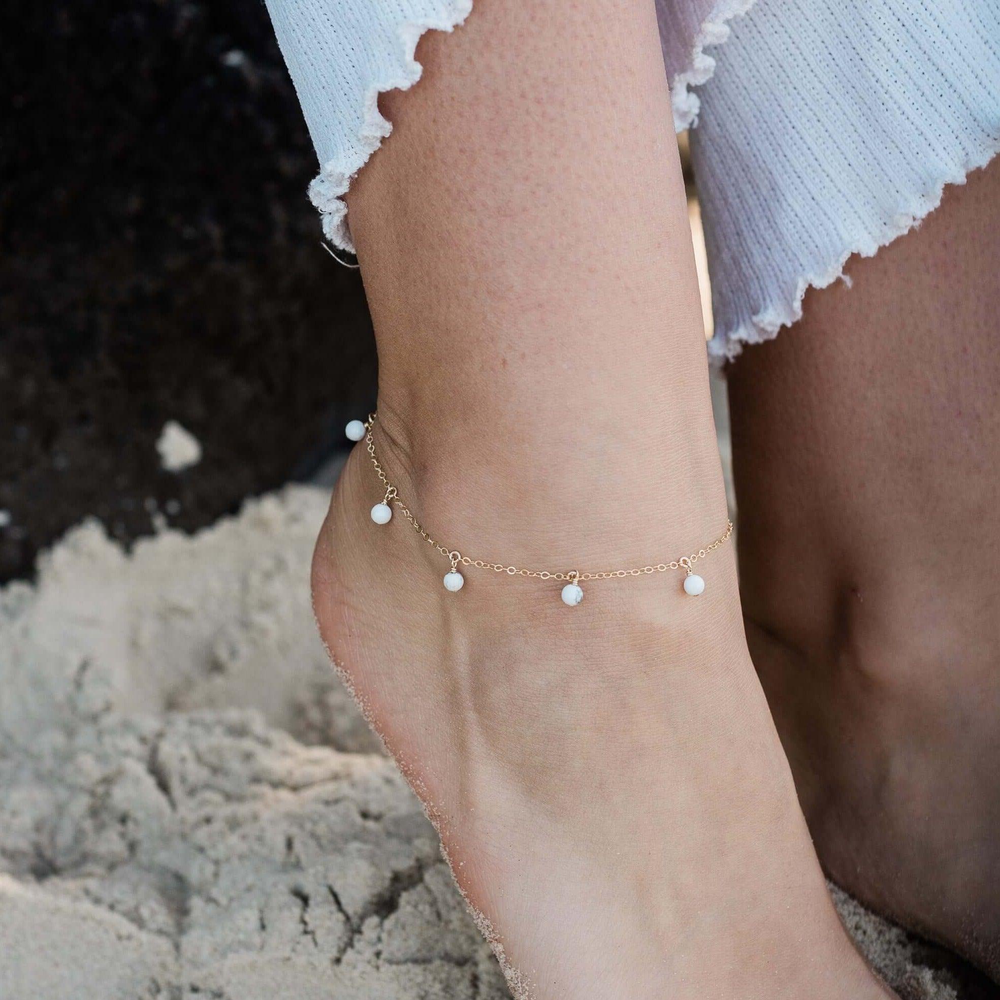 Boho White Howlite Gemstone Bead Drop Anklet - Boho White Howlite Gemstone Bead Drop Anklet - 14k Gold Fill - Luna Tide Handmade Crystal Jewellery