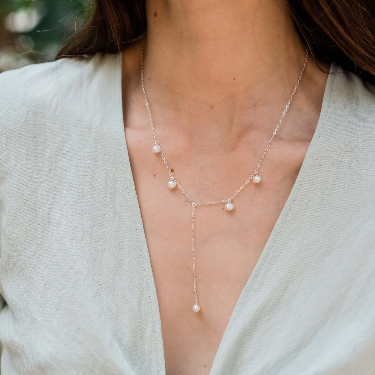 Boho Y Necklace - Freshwater Pearl - Sterling Silver - Luna Tide Handmade Jewellery