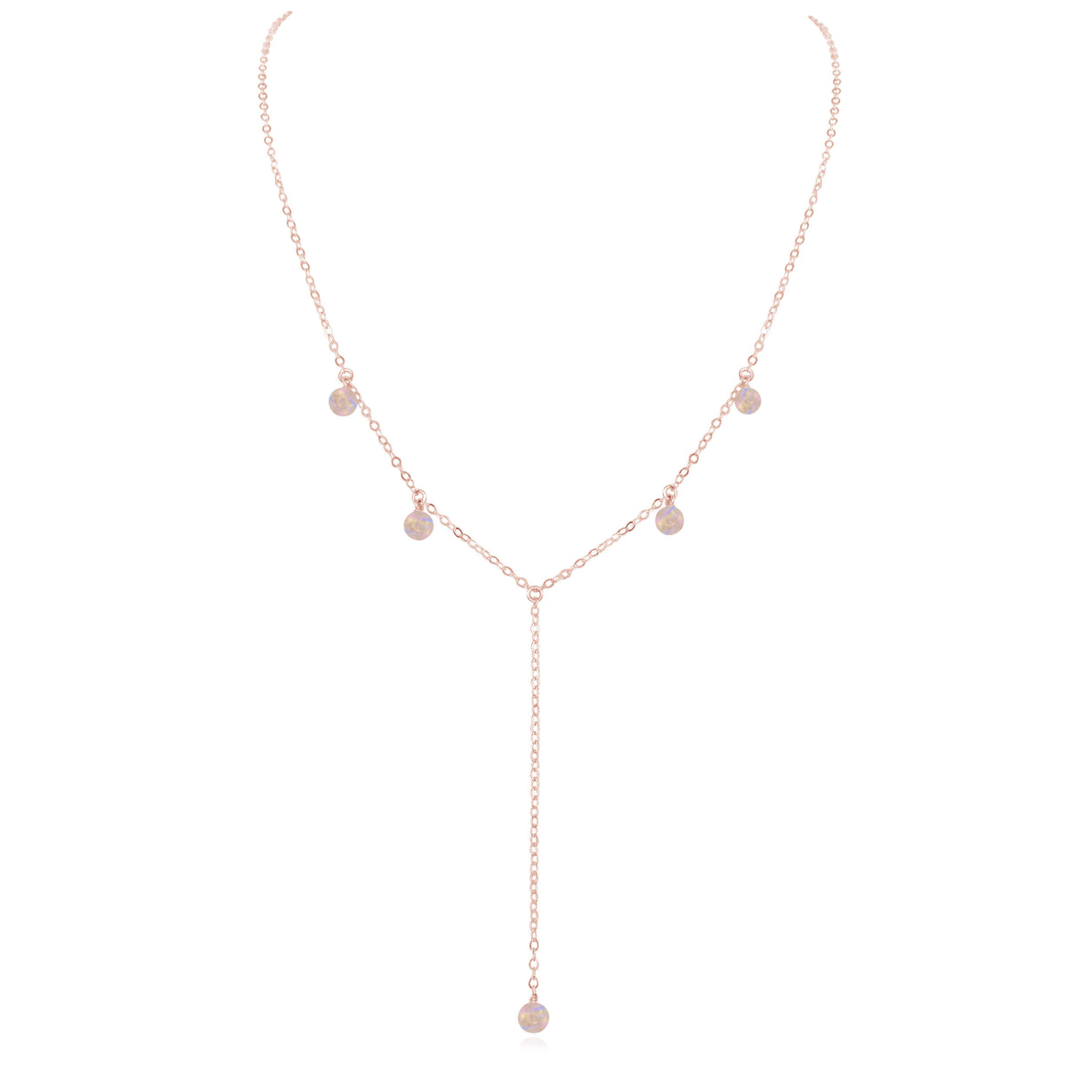 Boho Y Necklace - Rainbow Moonstone - 14K Rose Gold Fill - Luna Tide Handmade Jewellery