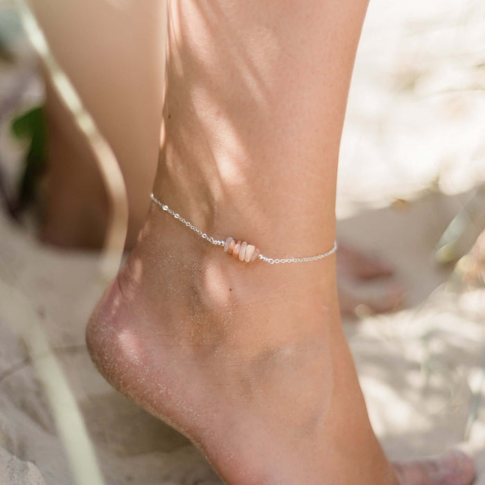 Chip Bead Bar Anklet - Sunstone - Sterling Silver - Luna Tide Handmade Jewellery