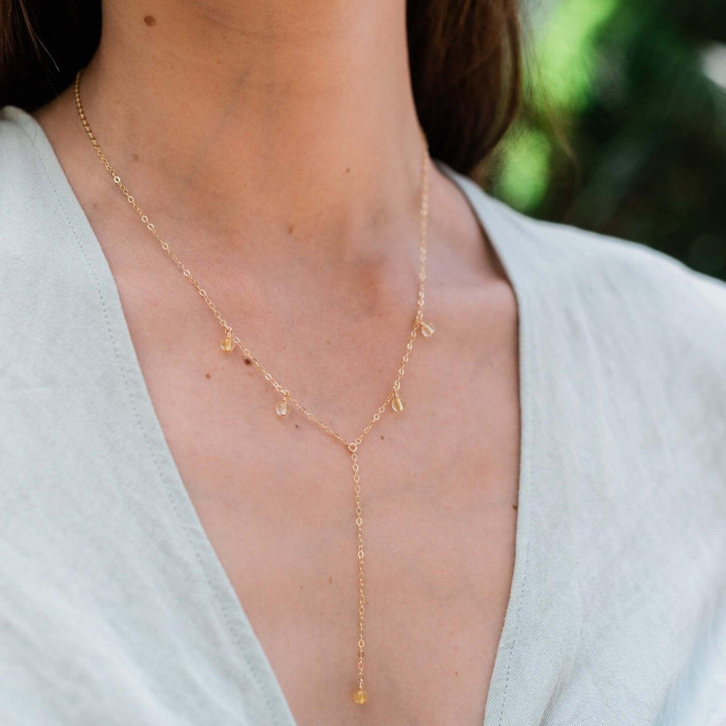 Citrine Boho Lariat Necklace - Citrine Boho Lariat Necklace - 14k Gold Fill - Luna Tide Handmade Crystal Jewellery