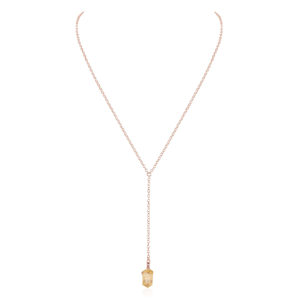Citrine Double Terminated Mini Crystal Point Lariat Necklace - Citrine Double Terminated Mini Crystal Point Lariat Necklace - 14k Rose Gold Fill - Luna Tide Handmade Crystal Jewellery