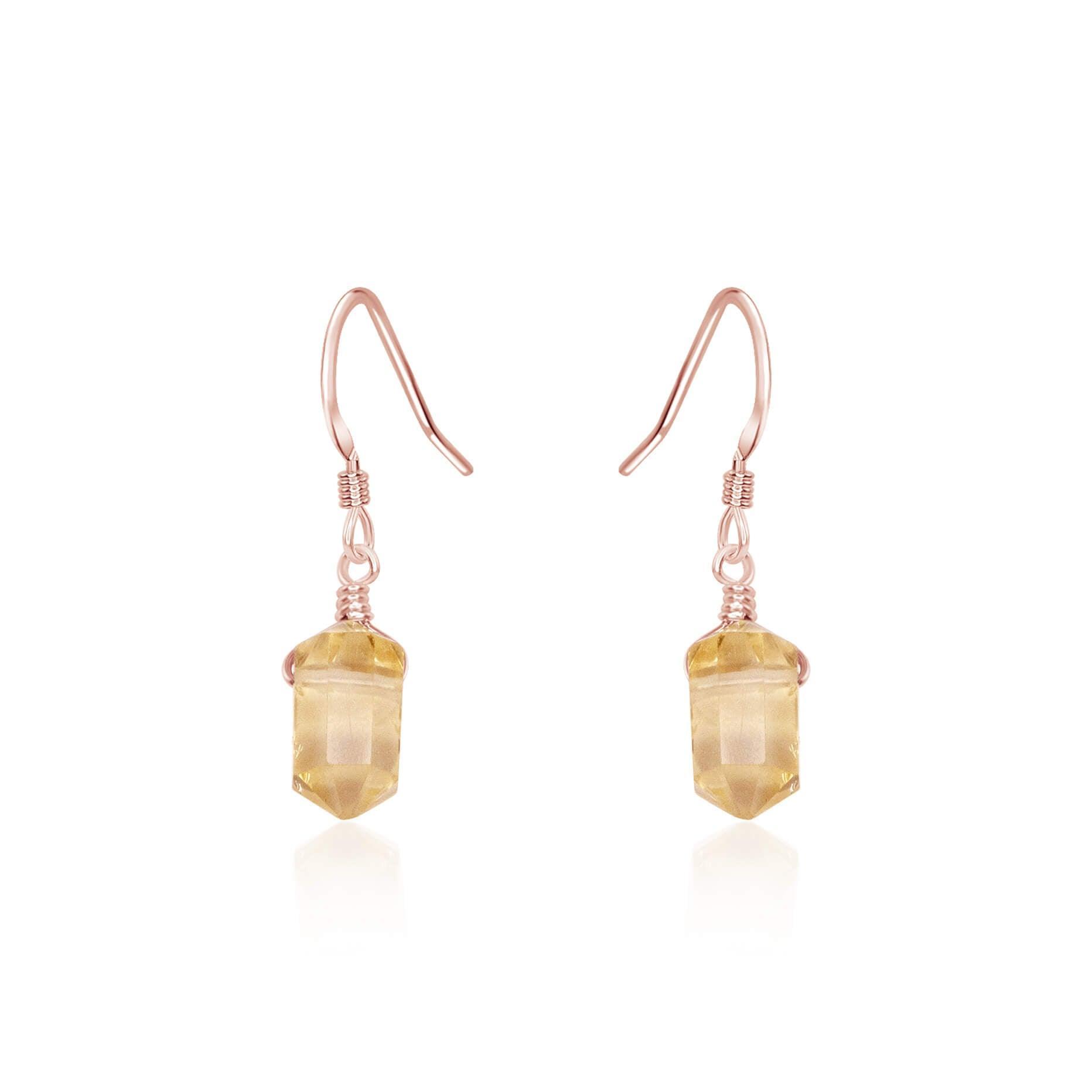 Citrine Mini Double Terminated Crystal Point Dangle Drop Earrings - Citrine Mini Double Terminated Crystal Point Dangle Drop Earrings - 14k Rose Gold Fill - Luna Tide Handmade Crystal Jewellery