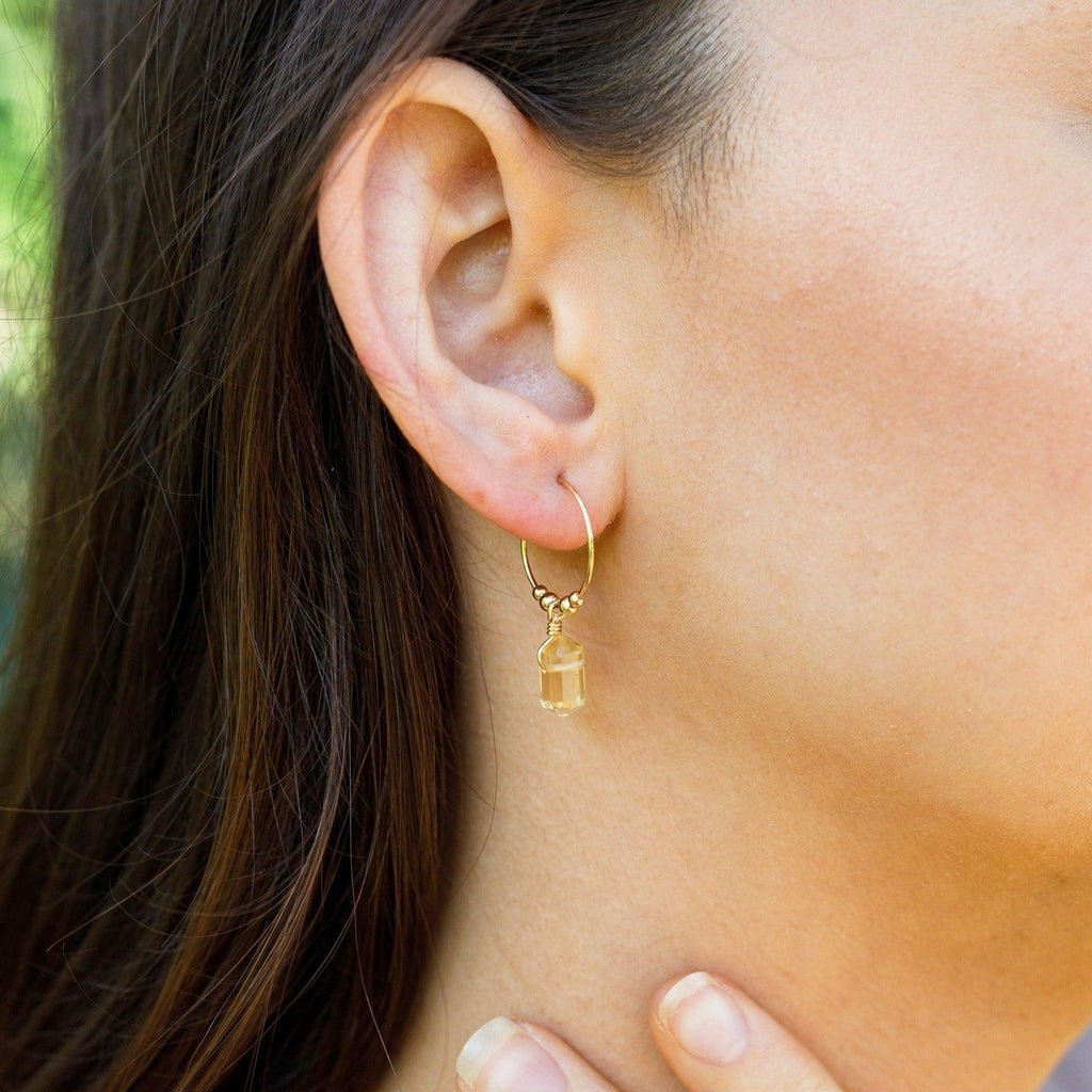 Custom Double Terminated Mini Crystal Point Dangle Hoop Earrings - Custom Double Terminated Mini Crystal Point Dangle Hoop Earrings - 14k Gold Fill / 15mm - Luna Tide Handmade Crystal Jewellery