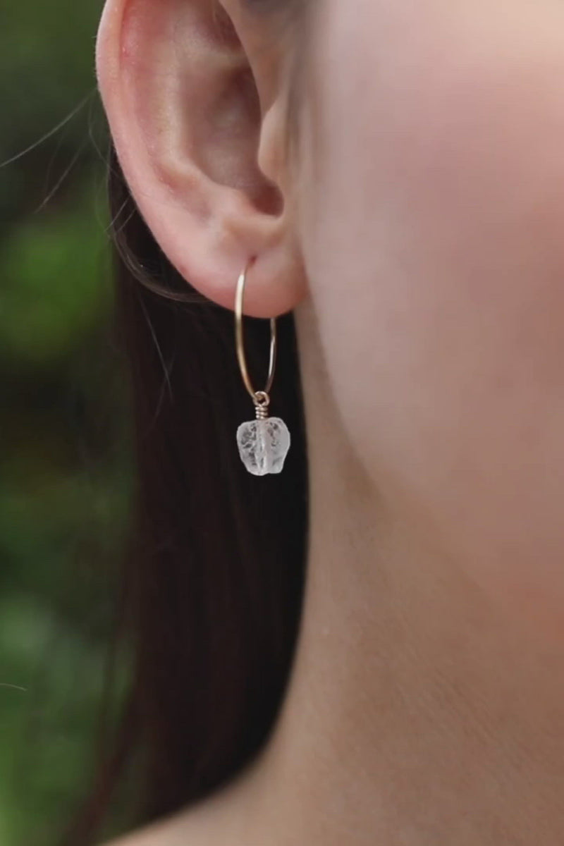 Raw Crystal Quartz Gemstone Dangle Hoop Earrings
