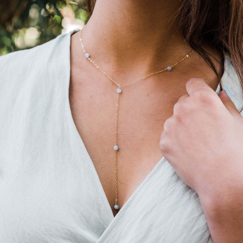 Dainty Aquamarine Lariat Necklace - Dainty Aquamarine Lariat Necklace - Sterling Silver - Luna Tide Handmade Crystal Jewellery