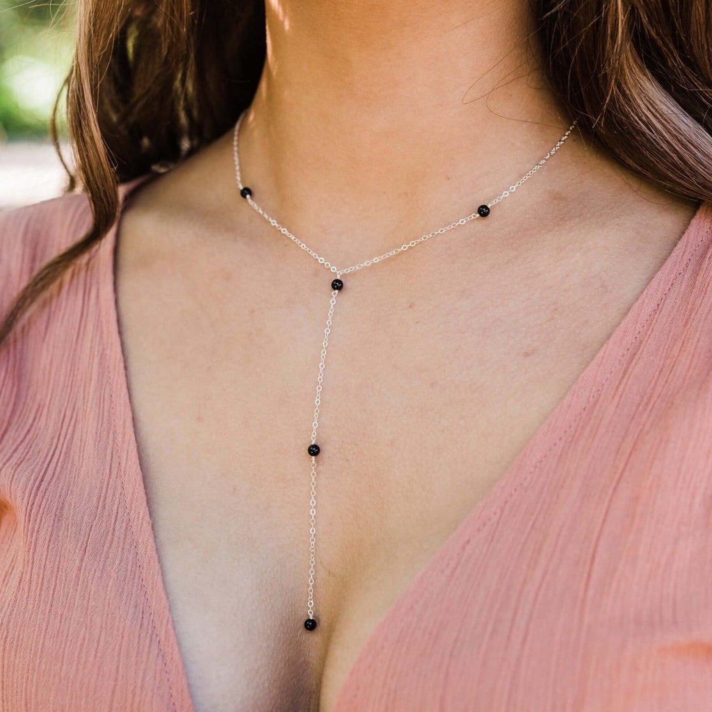 Dainty Black Tourmaline Lariat Necklace - Dainty Black Tourmaline Lariat Necklace - 14k Gold Fill - Luna Tide Handmade Crystal Jewellery