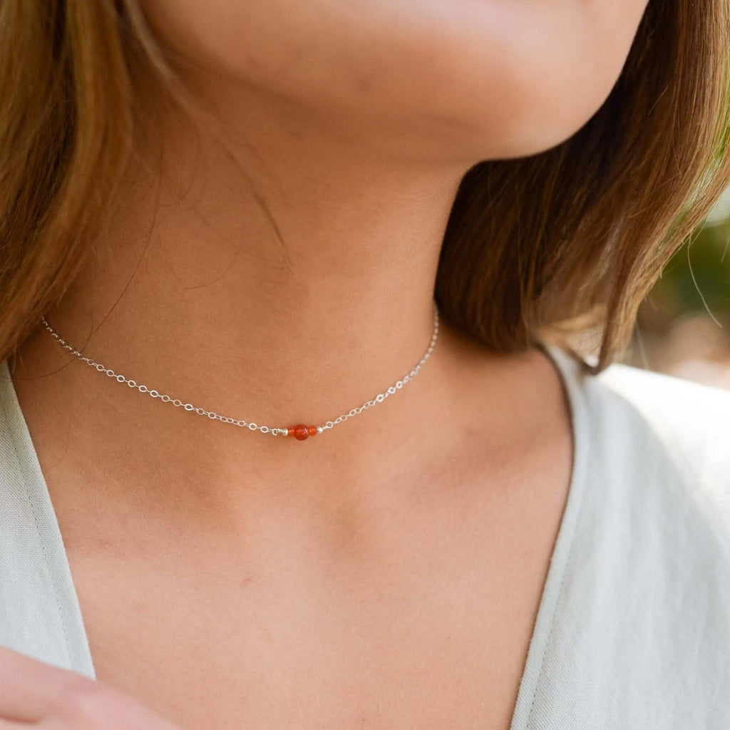 Dainty Carnelian Gemstone Choker Necklace - Dainty Carnelian Gemstone Choker Necklace - Sterling Silver - Luna Tide Handmade Crystal Jewellery