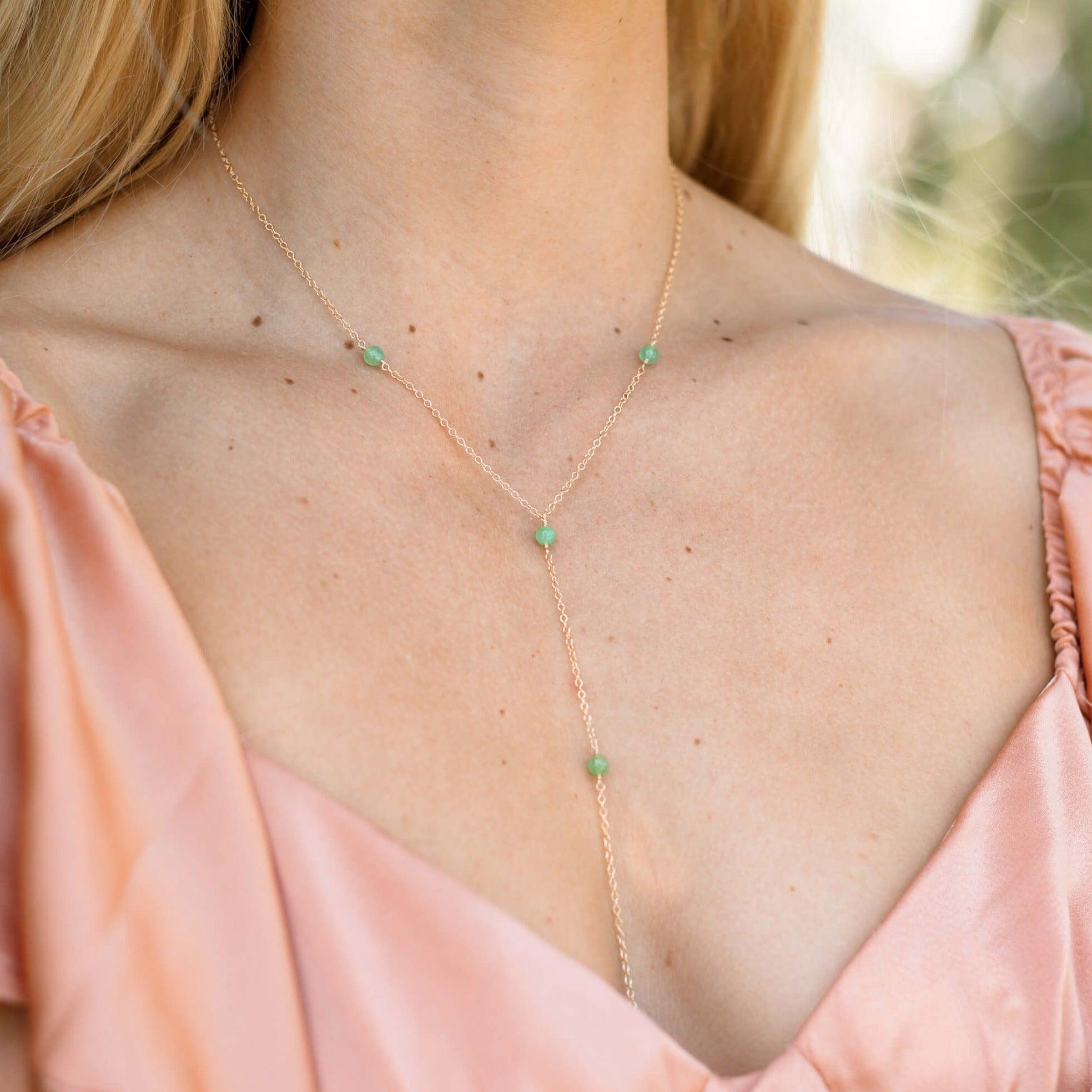 Dainty Chrysoprase Lariat Necklace - Dainty Chrysoprase Lariat Necklace - 14k Gold Fill - Luna Tide Handmade Crystal Jewellery