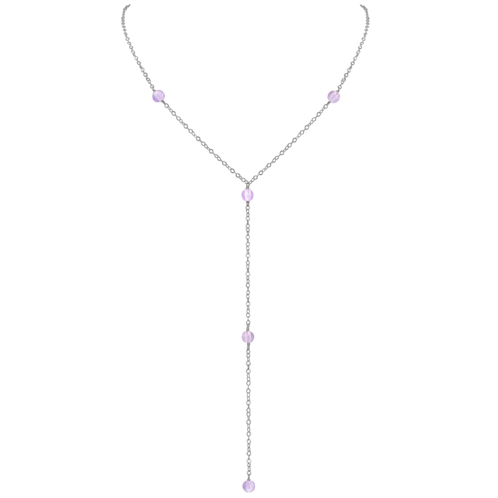 Dainty Pink Amethyst Gemstone Lariat Necklace - Dainty Pink Amethyst Gemstone Lariat Necklace - Stainless Steel - Luna Tide Handmade Crystal Jewellery
