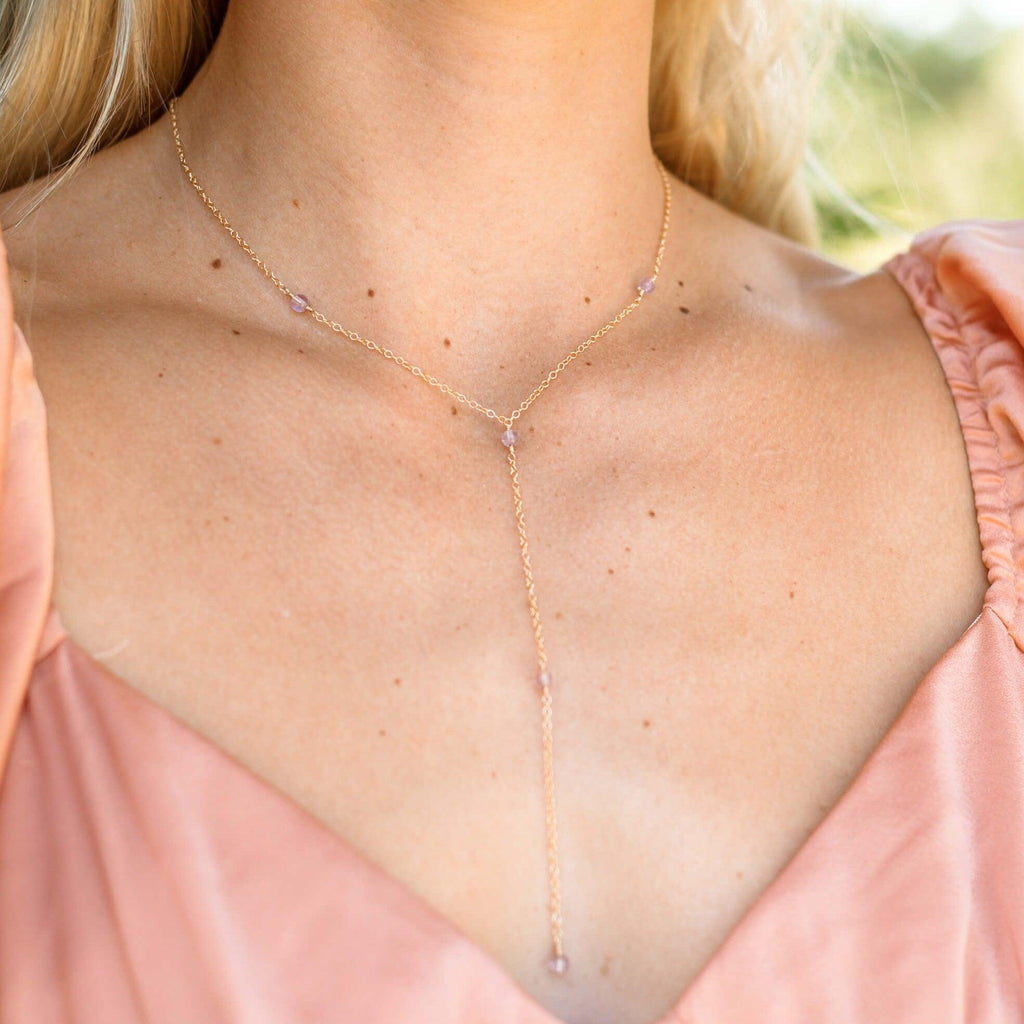 Dainty Pink Amethyst Gemstone Lariat Necklace - Dainty Pink Amethyst Gemstone Lariat Necklace - Sterling Silver - Luna Tide Handmade Crystal Jewellery