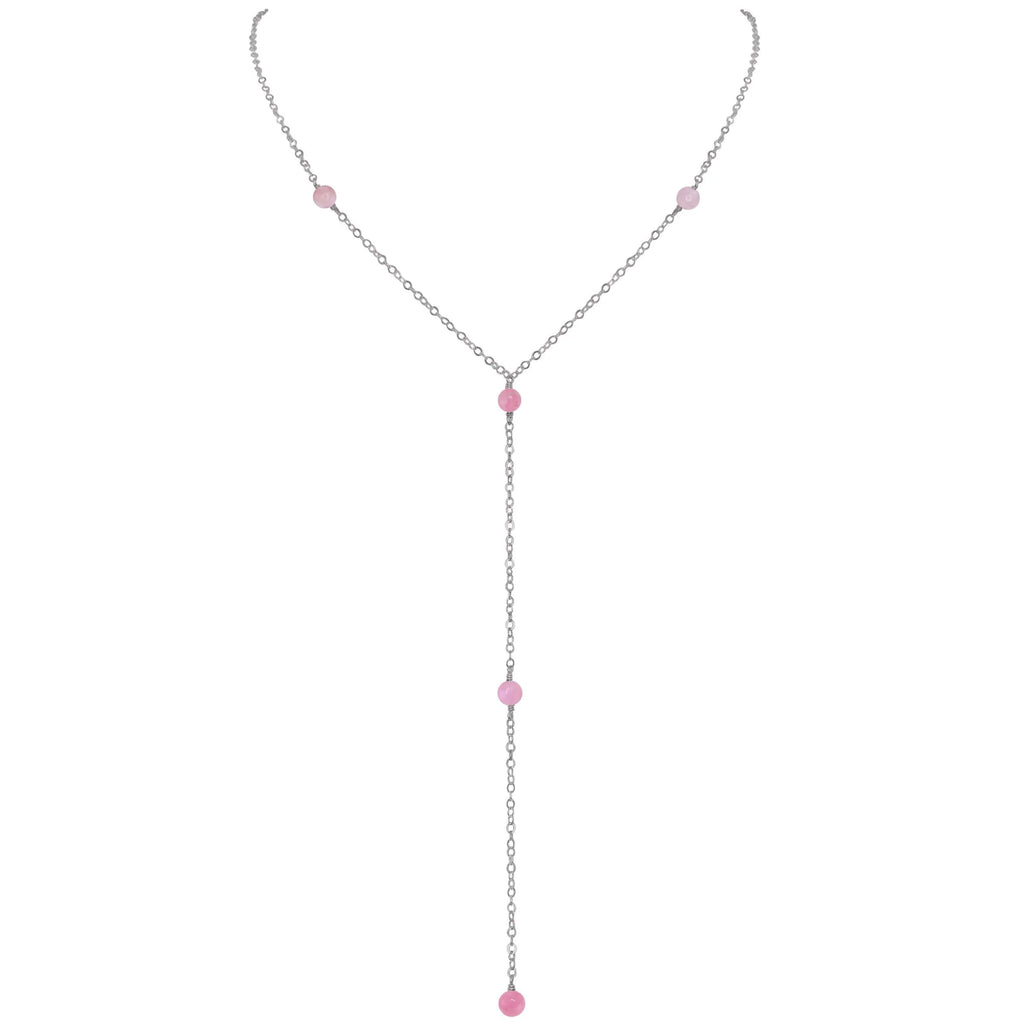 Dainty Pink Peruvian Opal Lariat Necklace - Dainty Pink Peruvian Opal Lariat Necklace - Stainless Steel - Luna Tide Handmade Crystal Jewellery