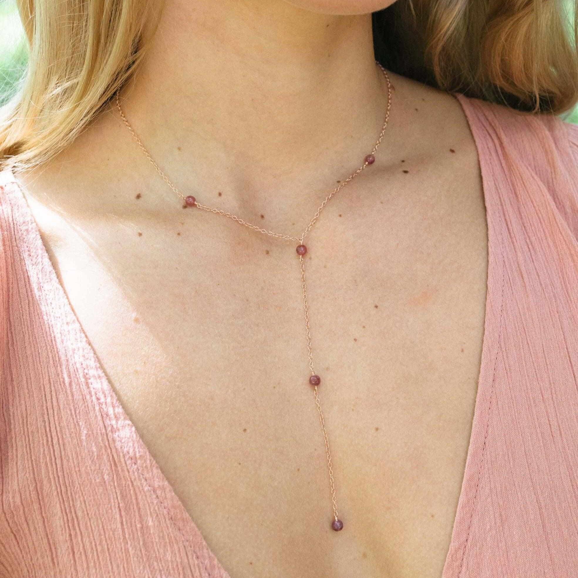 Dainty Pink Tourmaline Lariat Necklace - Dainty Pink Tourmaline Lariat Necklace - 14k Gold Fill - Luna Tide Handmade Crystal Jewellery