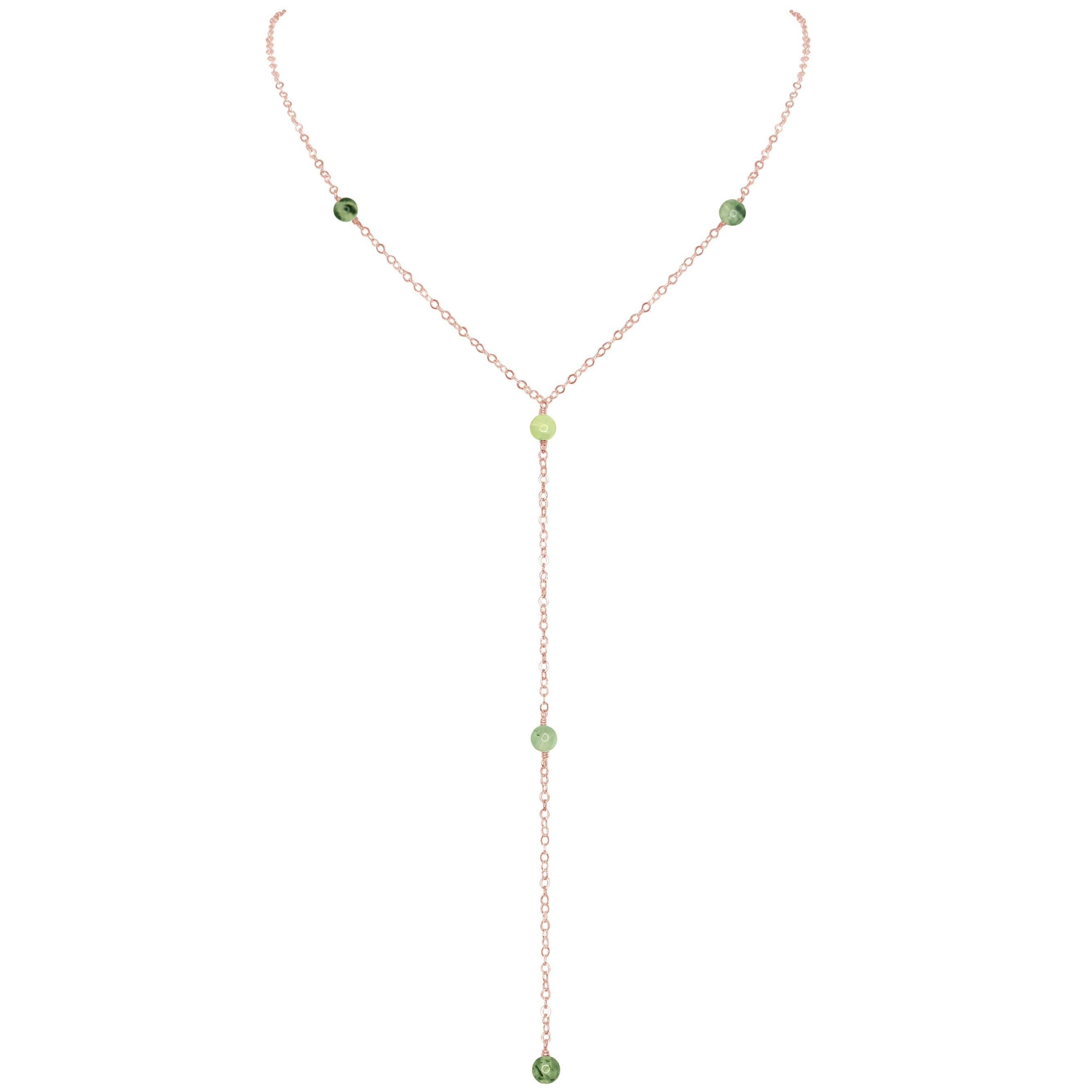 Dainty Prehnite Lariat Necklace - Dainty Prehnite Lariat Necklace - 14k Rose Gold Fill - Luna Tide Handmade Crystal Jewellery