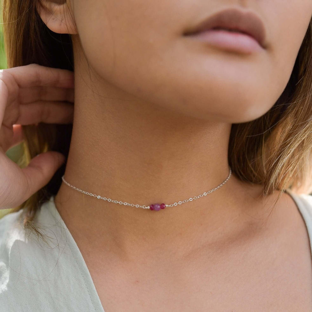 Dainty Ruby Gemstone Choker Necklace - Dainty Ruby Gemstone Choker Necklace - Sterling Silver - Luna Tide Handmade Crystal Jewellery