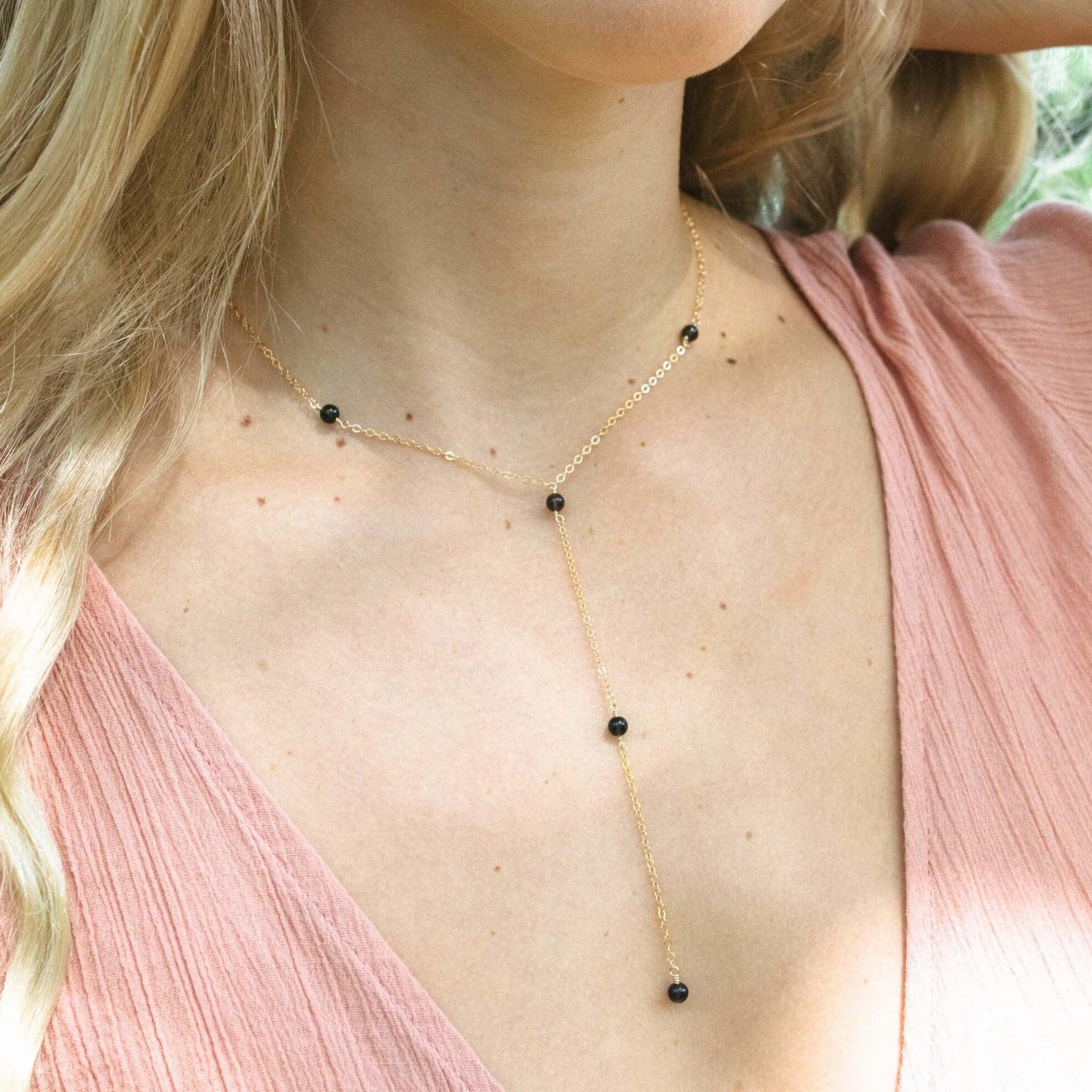 Dainty Smoky Quartz Lariat Necklace - Dainty Smoky Quartz Lariat Necklace - Sterling Silver - Luna Tide Handmade Crystal Jewellery